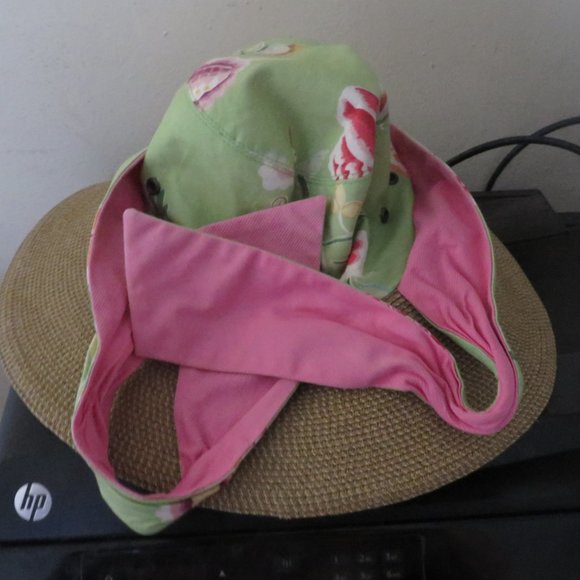 ❤️ERIC JAVITS Floral Tie Back Straw/Raffia and Cloth Hat Sz Small Packable - Picture 3 of 5